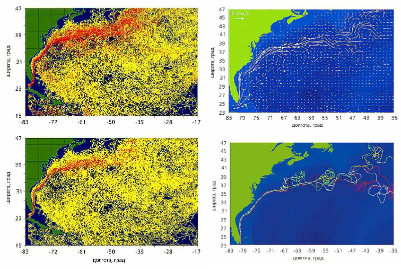 Трассы дрифтеров, запущенных в Гольфстриме и близ него